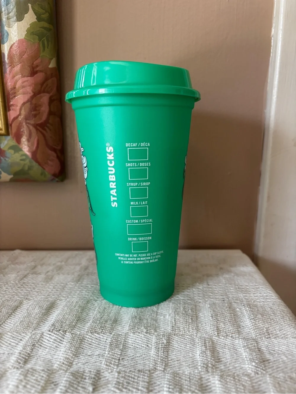 Starbucks Green Floral Plastic Hot to Go Travel Cup with Lid